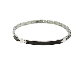 Bracciale Uomo sottile Maglie a V alternte Nere e Silver con Piastrina Nera