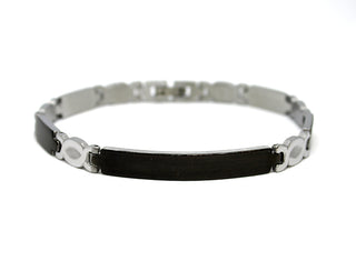 Pulsera de Hombre Rectangular Negra y Eslabones de Plata trabajados con Placa Negra