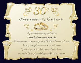 Targa per Trentesimo Anniversario di Matrimonio | Congratulazioni 30° Anniversario di Nozze | Regalo Nozze d'oro Pergamena Oro su Cofanetto Blu