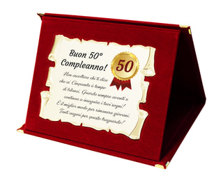 50 Anni - Targa Regalo per Cinquantesimo Compleanno | Coccarda e Dedica su Pergamena e Cofanetto in Velluto 28x21