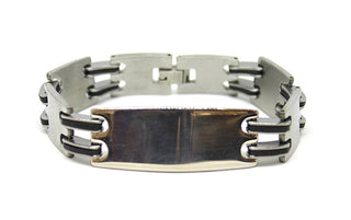 Bracciale Uomo Maglie Rettangolari Santinate con Giunture fini Nere con bordi Silver con Piastrina