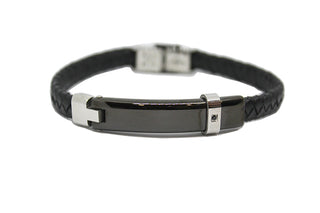 Bracciale Uomo in Similpelle Nero con Cuciture a zigzag con Piastrina e Cristallo nero