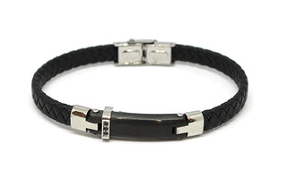 Bracciale Uomo in Ecopelle Nero con Piastrina e Cristalli