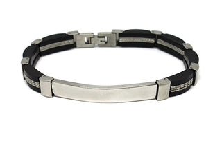 Bracciale Uomo Maglie Nere con onde Silver con Piastrina