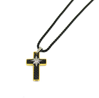 Collana Uomo Nera Maglia Tonda con Ciondolo a forma di Croce con dettagli Oro e Rosa dei Venti