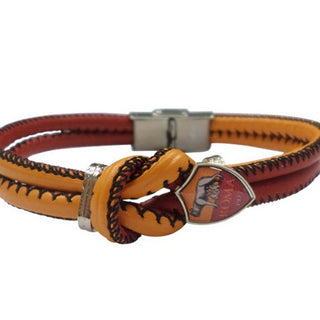 Pulsera Roma en símil piel amarilla y roja con nudo y escudo