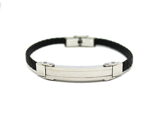 Bracciale Uomo in Cuoio Nero lavorato con Piastrina Silver