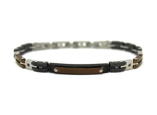 Bracciale Uomo Maglie Nere, Bronzo e Silver con Cristalli Neri con Piastrina doppia Nera e Bronzo