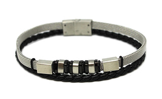 Bracciale Uomo Maglia Milanese e in Ecopelle Nero con Anelli Neri e Silver