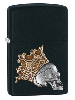 Accendino Zippo Nero con l'immagine di un Teschio con la Corona in testa