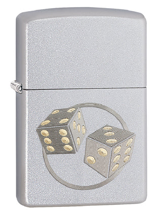 Encendedor Zippo plateado mate con la imagen de dos dados dorados