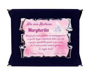 Targa Madrina Cresima o Comunione | Cofanetto con Pergamena | Ringraziamento per Madrina | Regalo Velluto Blu con Targa Argentata Decorata