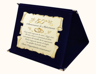 Targa Anniversario di Matrimonio | Elegante Regalo Sposi | Regalo nozze d'oro, diamante, rubino, smeraldo, platino, perla. Pergamena dorata e cofanetto velluto.