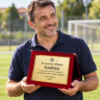 Allenatore sorridente con targa dorata personalizzata di ringraziamento nel cofanetto in velluto bordeaux