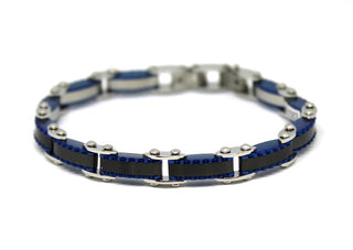 Pulsera de hombre con eslabones trabajados en negro, azul y plata.