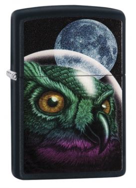 Encendedor Zippo negro con diseño de boca de Búho y Luna