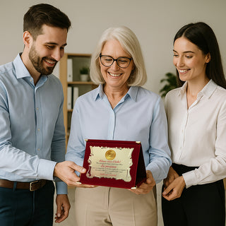 Targa Pensione | Targhetta Pensionato Pronta da regalare | Pensiero pensionato cofanetto bordeaux e targhetta dorata