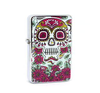 Encendedor Champ con Calavera Mexicana Blanca y Flores Rosa Petróleo