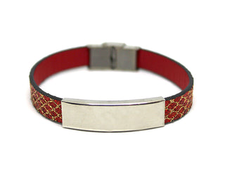 Pulsera de Mujer de Tela Roja y Purpurina Dorada con Placa