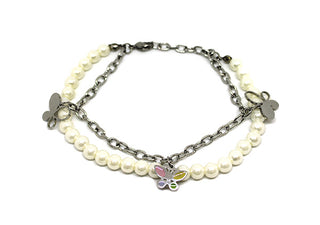 Pulsera de mujer de doble cadena con perlas y charms de mariposa