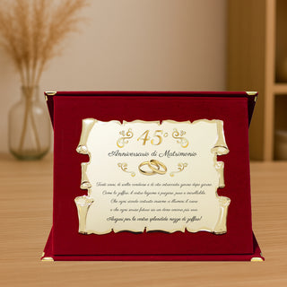 Targa Quarantacinquesimo Anniversario di Matrimonio | Elegante Regalo 45° Nozze di Zaffiro | Targhetta Pergamena dorata su cofanetto in velluto (Blu e Dorato, 45° Anniversario)