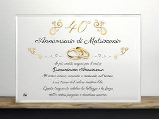 Targa Quarantesimo Anniversario di Matrimonio | Regalo 40° Anniversario in Cristallo con supporto | Elegante Placca per nozze di smeraldo. (Dorato, 40 anni)