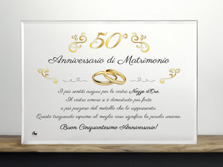 Regalo 50° Anniversario | Grande Targa nozze d'oro | Targa in Cristallo per Cinquantanni di Matrimonio | Omaggio Sposi in Cristallo 22x17cm