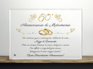 Regalo 60° Anniversario | Grande Targa nozze di Diamante | Elegante Targa in Cristallo per Sessant'anni di Matrimonio | Omaggio Sposi in Cristallo 22x17cm (Dorato, 60 anni)