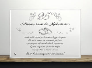 Targa Venticinquesimo Anniversario di Matrimonio | Regalo 25° Anniversario in Cristallo con supporto | Elegante Placca per nozze d'argento. (Argentato, 25 anni)