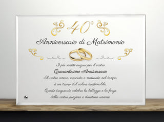 Targa Anniversario di Matrimonio | Regalo in Cristallo con supporto | Placca per nozze d'oro, rubino, diamante, argento, platino.