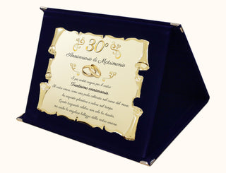 Targa Anniversario di Matrimonio | Elegante Regalo Sposi | Regalo nozze d'oro, diamante, rubino, smeraldo, platino, perla. Pergamena dorata e cofanetto velluto.