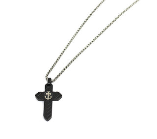 Collana Uomo Maglia Tonda con Ciondolo a forma di Croce Nera con Ancora e dettagli Silver