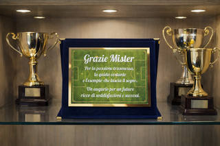 Targa Ringraziamento Allenatore Calcio | Targa "Grazie Mister" su Cofanetto in Velluto | Idea Regalo Allenatore Fine Stagione | Targa Ricordo Squadra Calcio 20x15 cm