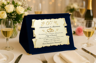 Targa Sessantesimo Anniversario di Matrimonio | Elegante Regalo 60° Nozze di Diamante | Pergamena Dorata e cofanetto blu (Blu e Dorato, 60)