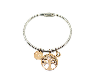 Pulsera Rígida de Mujer con Colgante Vida y Colgante Redondo con Árbol de la Vida en Oro Rosa con Cierre Magnético