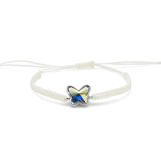 Bracciale farfalla. Cordino intrecciato bianco e farfalla con pietra azzurra/bianca