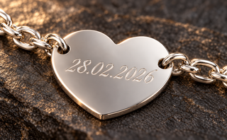 Dettaglio del cuore in acciaio con data incisa a punta di diamante