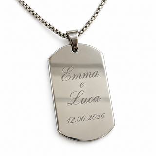 Collana rettangolare piatta in acciaio lucido con incisione Emma e Luca
