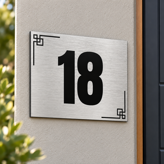 Numero civico 18 argentato con decorazioni geometriche accanto a un ingresso moderno