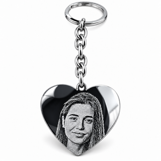 Portachiavi a cuore in acciaio lucido con ritratto di ragazza fotoinciso a punta di diamante