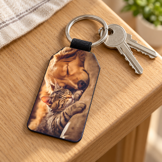 Portachiavi rettangolare con foto di cane e gatto, con chiavi su tavolo in legno