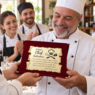 Targa personalizzata per chef nel cofanetto in velluto bordeaux, scena di consegna del regalo