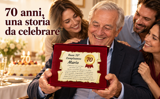 Targa prestampata 70 anni, scena regalo con cofanetto bordeaux. Esempio con nome: personalizzazione opzionale.