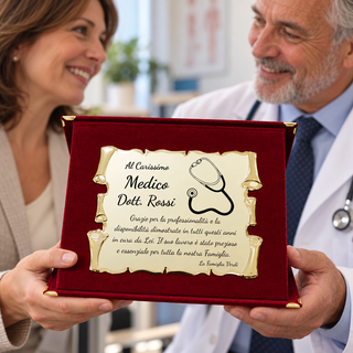 Targa personalizzata per medico nel cofanetto in velluto bordeaux, scena di consegna del regalo