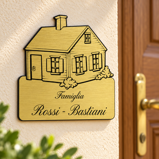Targhetta personalizzata a casetta dorata su parete accanto alla porta di casa
