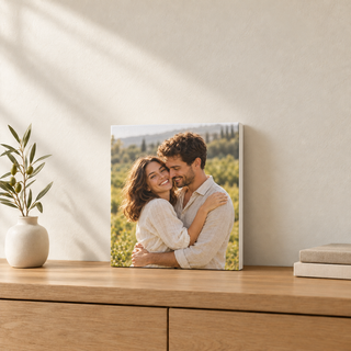 Tela personalizzata 20x20 cm con foto di coppia, bordi bianchi e telaio da 2 cm