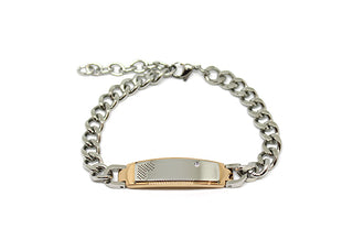 Bracciale Uomo Maglia Gourmette a taglio diamante con Piastrina lavorata Oro e Silver e Cristallo Bianco