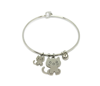 Pulsera Rígida de Mujer con Charms de Gato y Cristal con Cierre de Corazón