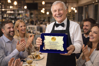 Targa Pensione | Targhetta Regalo per Pensionato | Congratulazioni per Pensione Pergamena Dorata con Cofanetto in velluto