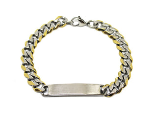 Pulsera de Hombre Gourmette Mesh con talla diamante, mitad oro y mitad plata con placa